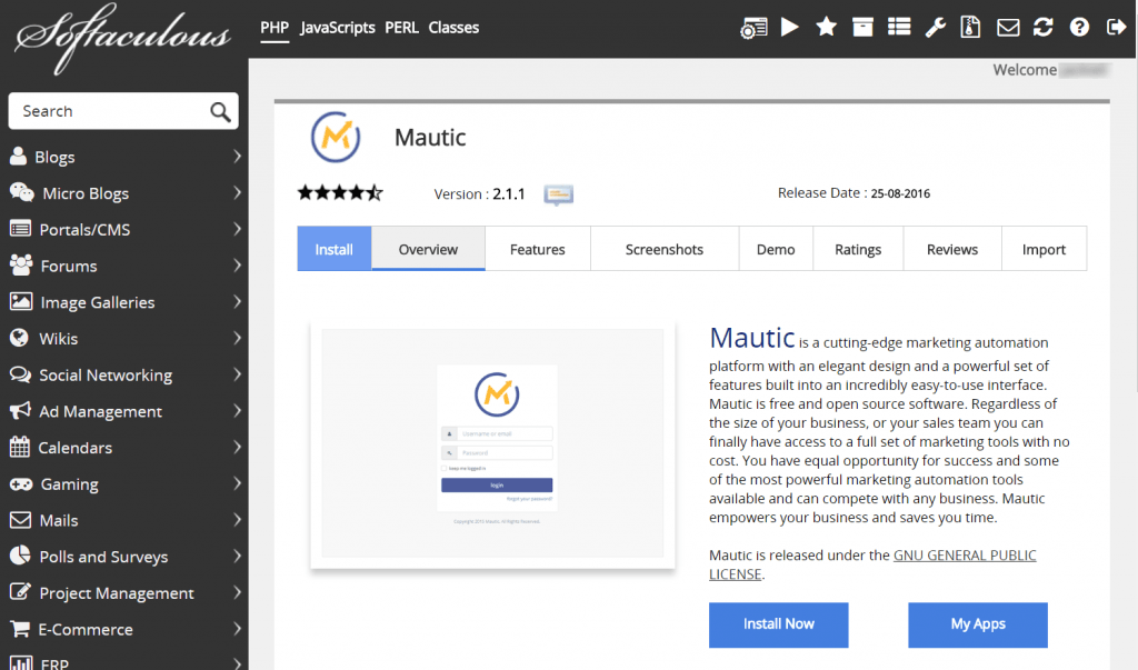 cPanel Softaculous Install Mautic