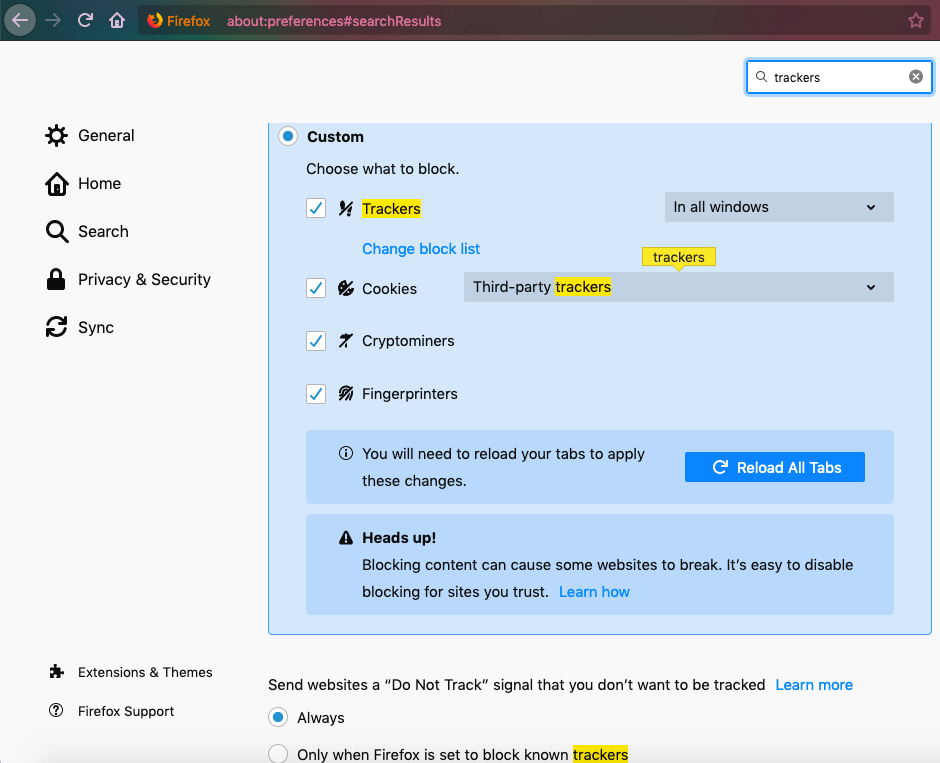 Firefox "Do Not Track" and block third-party tracking cookies