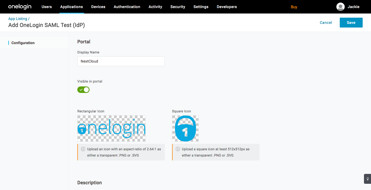 OneLogin create application