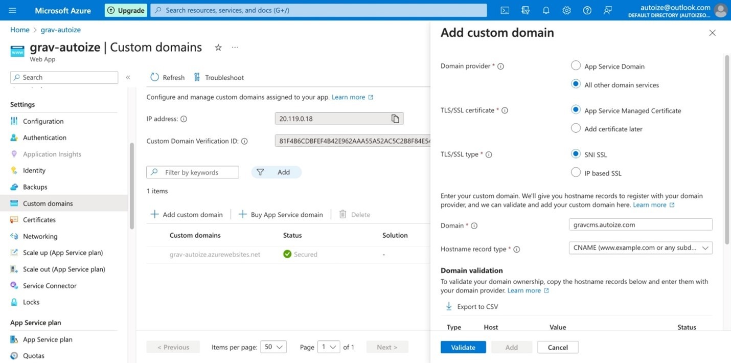 Azure App Service Add custom domain 